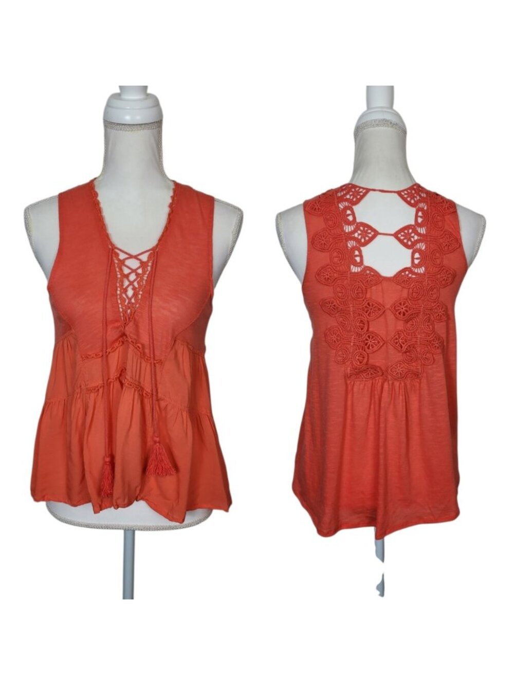 Altar'd State Bohemian Coral Tank Top Embroidered Tassles Spring Summer Small